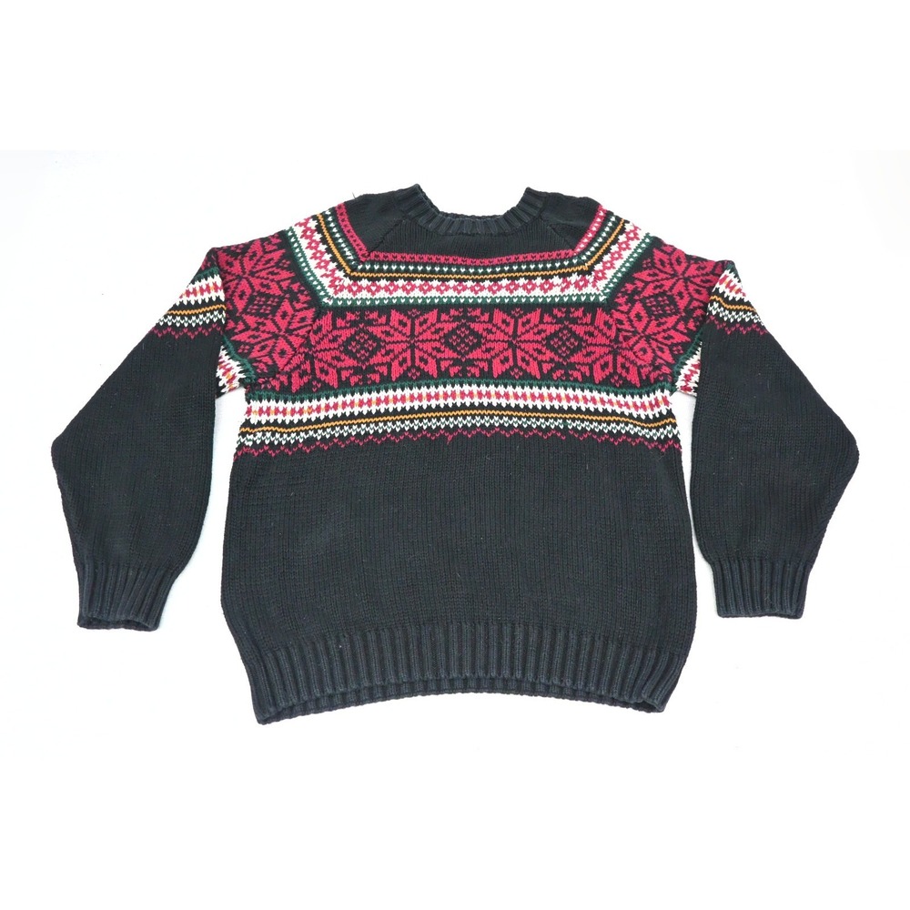 Tommy Hilfiger Vintage 90s Mens XL 100% Cotton Fair Isle Sweater Black Snowflake